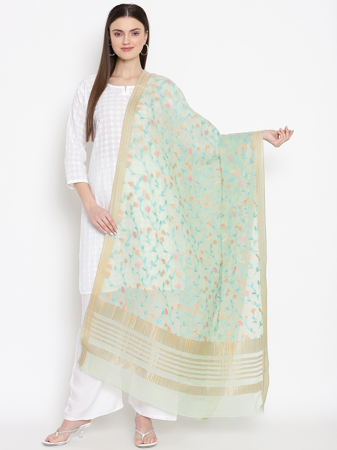 

SHINGORA Cream-Coloured & Blue Woven Design Dupatta