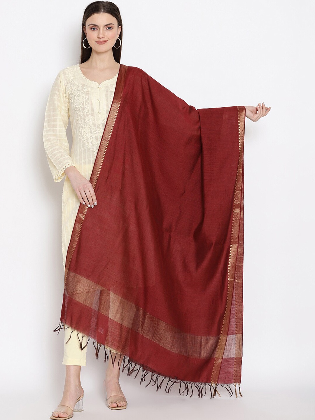 

SHINGORA Maroon & Golden Woven Design Antiviral Coated Sustainable Dupatta