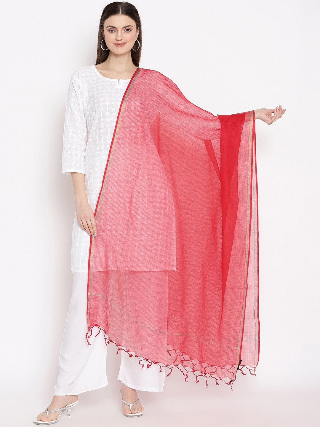 

SHINGORA Coral Woven Design Antiviral Coated Dupatta with Tasselled Sustainable Border