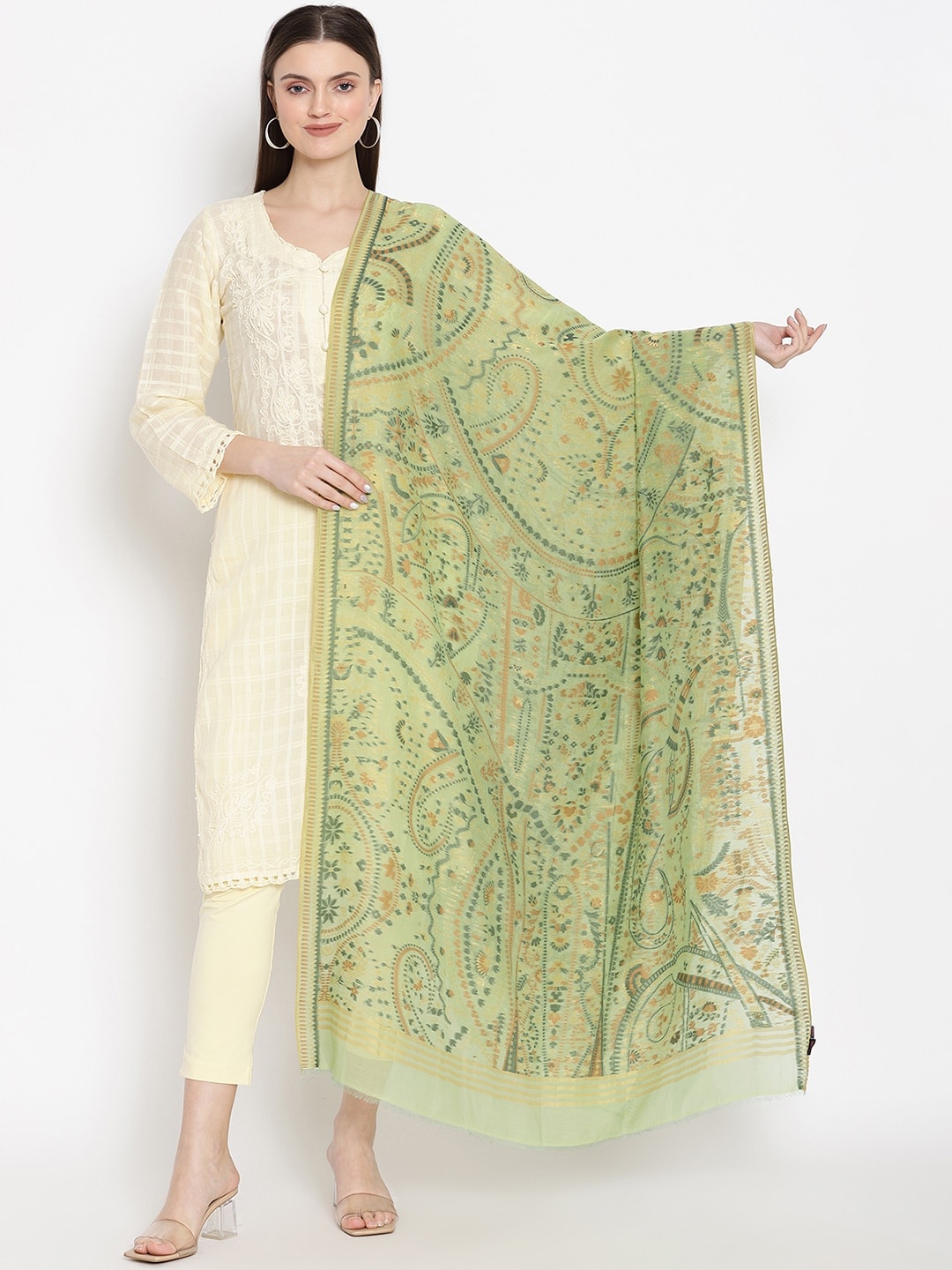 

SHINGORA Green & Beige Printed Dupatta
