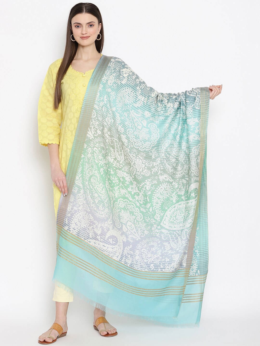 

SHINGORA Turquoise Blue & White Woven Design Antiviral Coated Dupatta