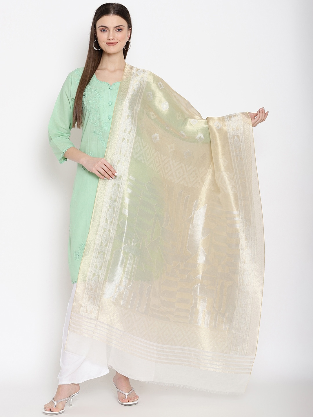 

SHINGORA Cream-Coloured & Silver-Toned Woven Design Antiviral Coated Dupatta