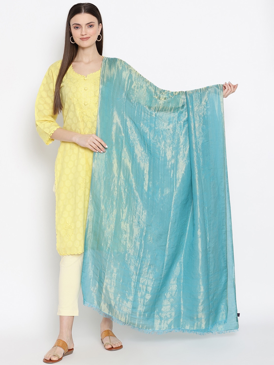 

SHINGORA Turquoise Blue & Gold-Toned Woven Design Antiviral Coated Dupatta