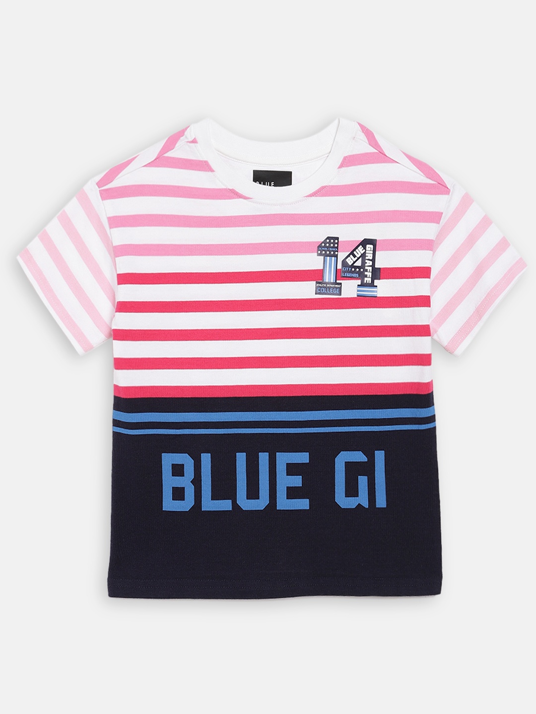 

Blue Giraffe Girls White Striped Round Neck T-shirt