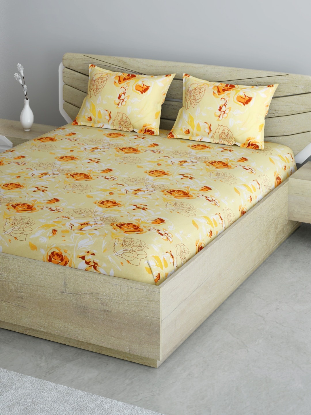 

Aura Yellow & Orange Pure Cotton Floral Printed 144 TC Double Queen with 2 Pillow Covers