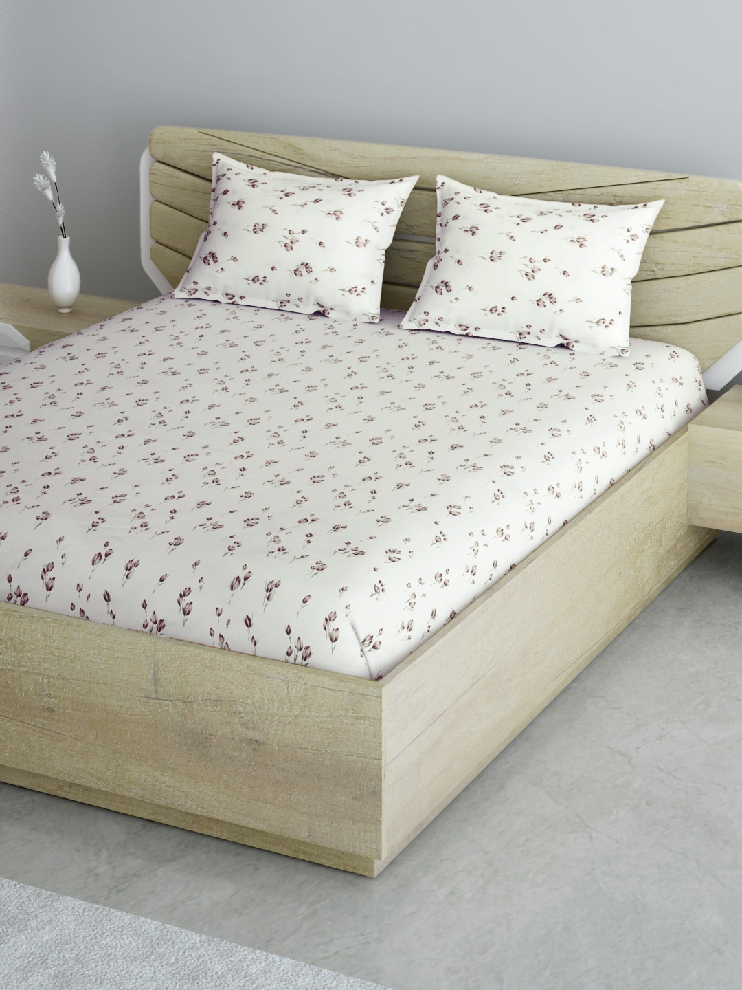 

Aura White & Brown Pure Cotton Floral 144 TC Queen Bedsheet with 2 Pillow Covers
