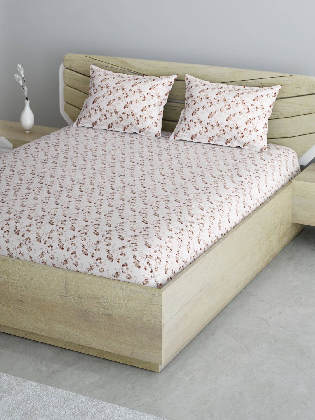 

Aura White & Brown Pure Cotton Floral 144 TC Queen Bedsheet with 2 Pillow Covers