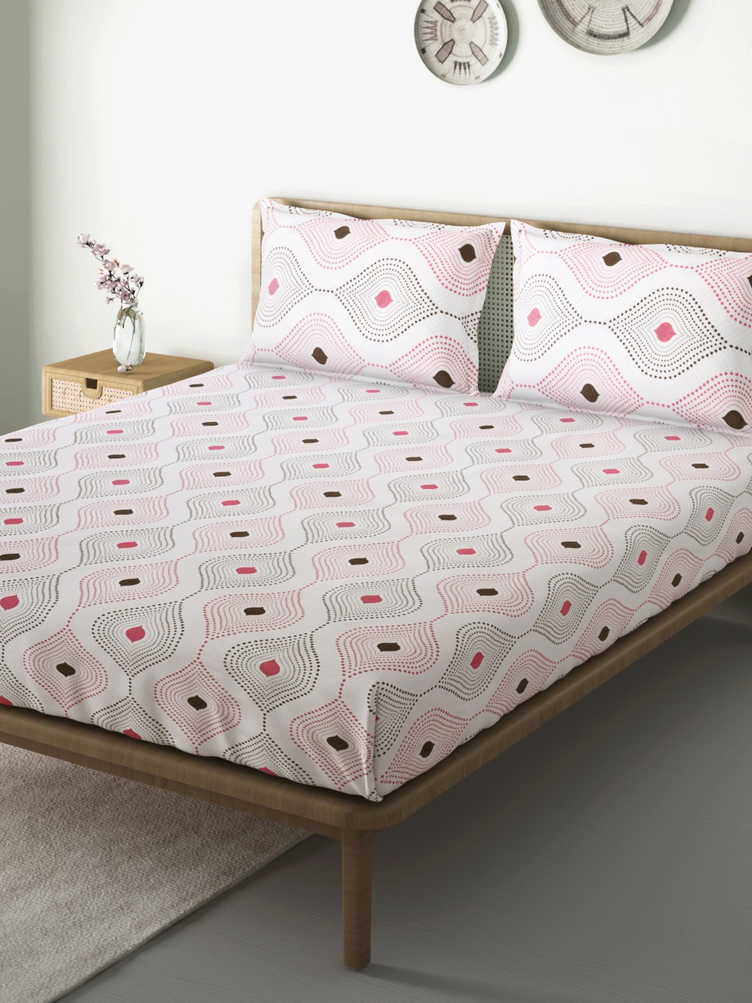 

Aura White & Pink Geometric 144 TC 120 GSM Cotton Queen Bedsheet with 2 Pillow Covers
