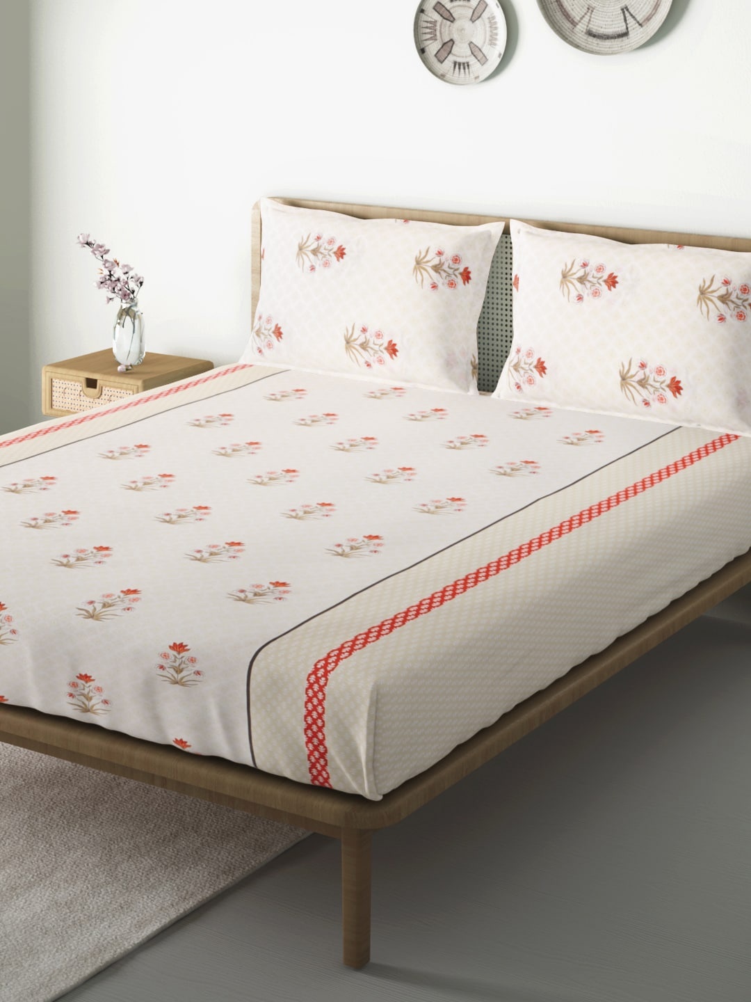 

Aura Beige & Orange Ethnic Motifs 144 TC 120 GSM Queen Bedsheet with 2 Pillow Covers
