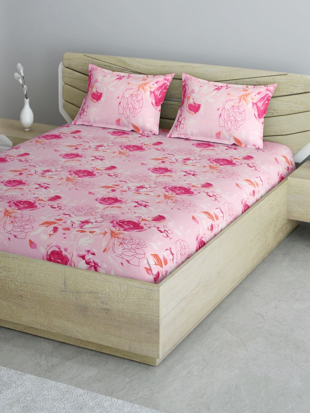 

Aura Pink & White Floral 144 TC 120 GSM Cotton Queen Bedsheet with 2 Pillow Covers