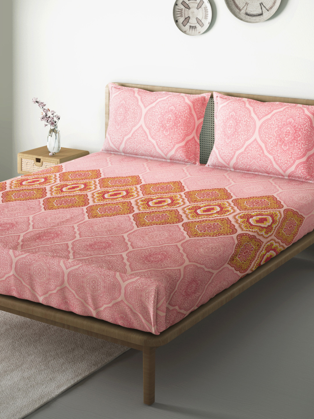 

Aura Pink & Mustard Brown Pure Cotton Ethnic 144 TC Queen Bedsheet with 2 Pillow Covers