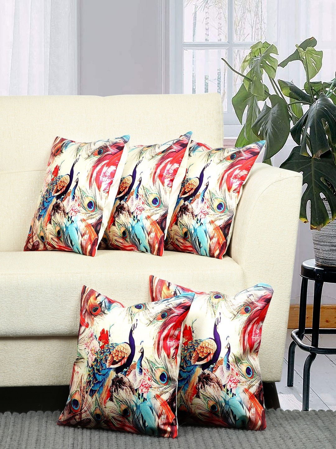 

BELLA TRUE Multicoloured Set of 5 Peacock Flower Printed Square Cushion Covers, Multi