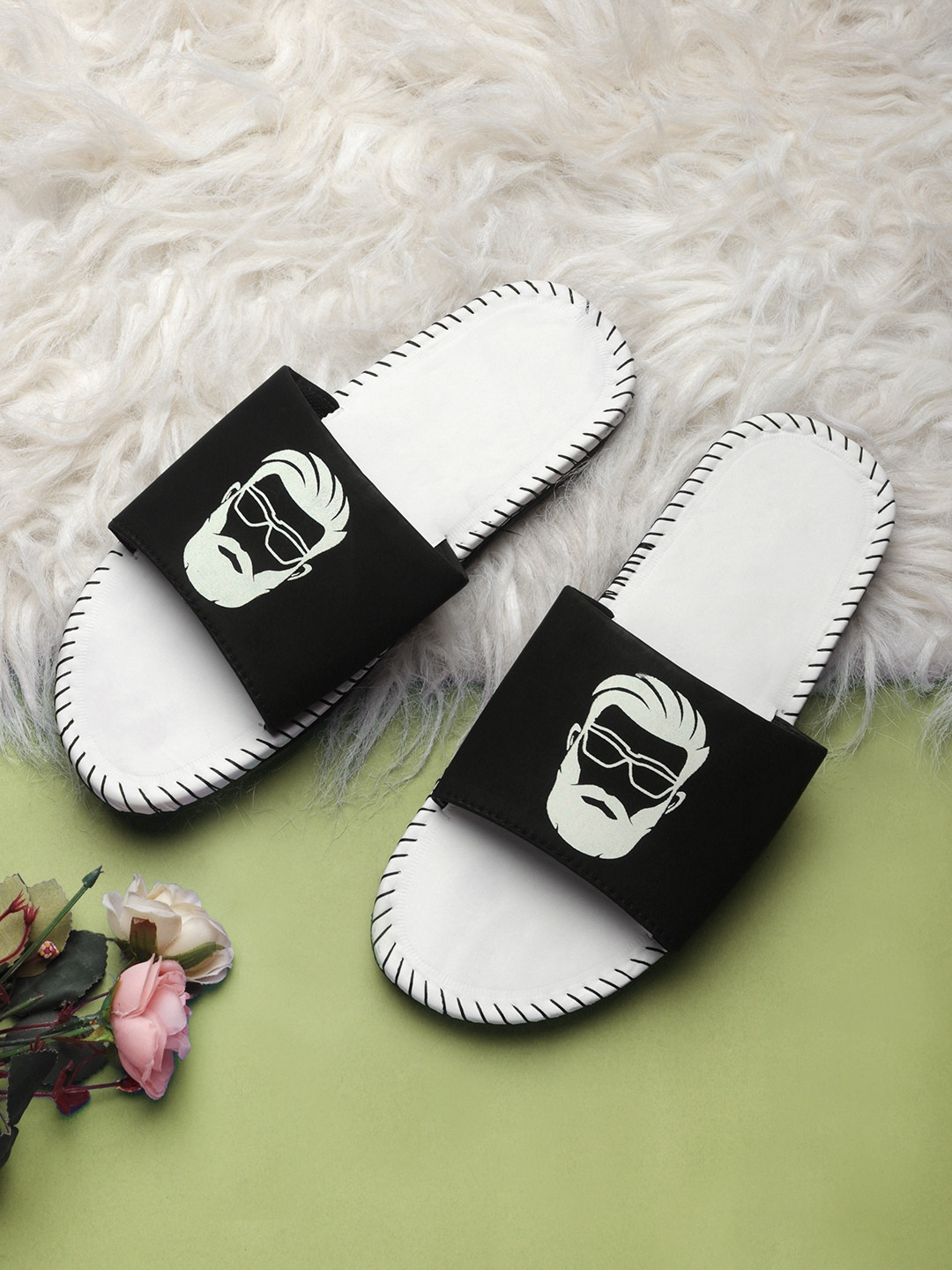 

Pampy Angel Men Black & White Printed Water Resistant Sliders