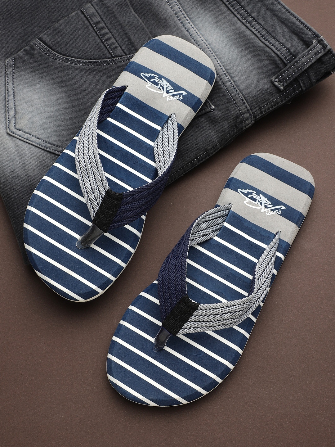 

Pampy Angel Men Grey & Navy Blue Striped Water Resistant Room Slippers