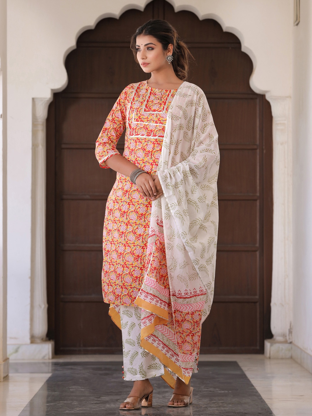 

Jaipur Kurti Women Yellow & White Printed Kurta with Trousers & Dupatta