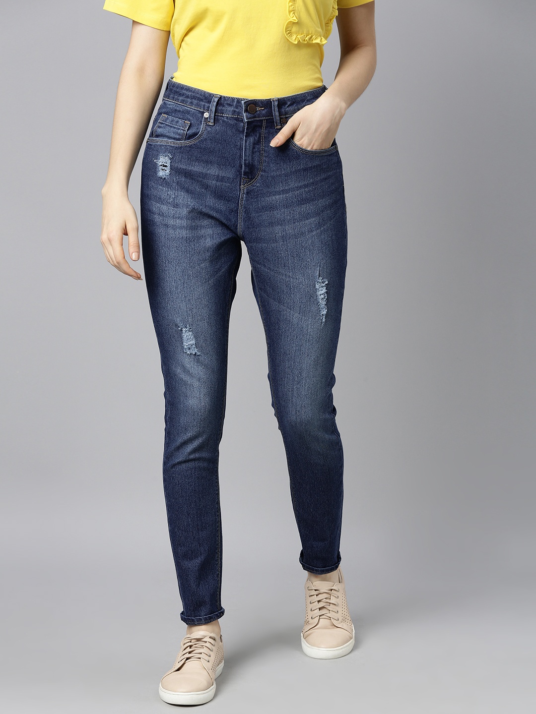 

HERE&NOW Women Blue Skinny Fit Low Distress Light Fade Stretchable Jeans