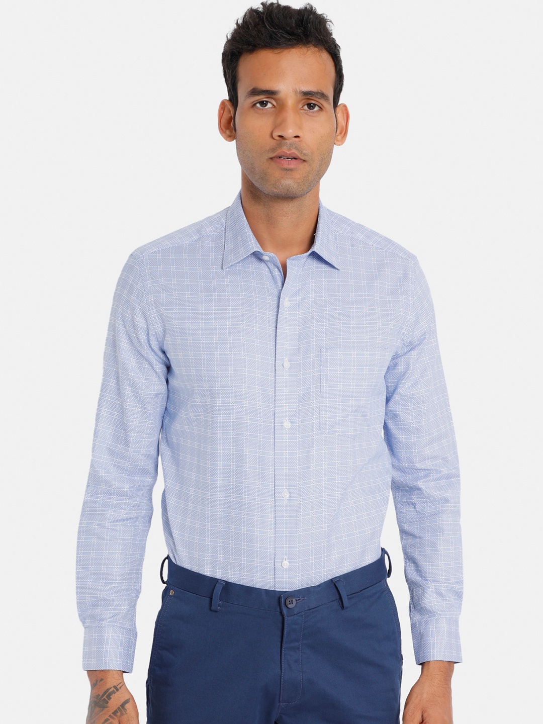

Arrow Men Blue & White Pure Cotton Slim Fit Checked Formal Shirt