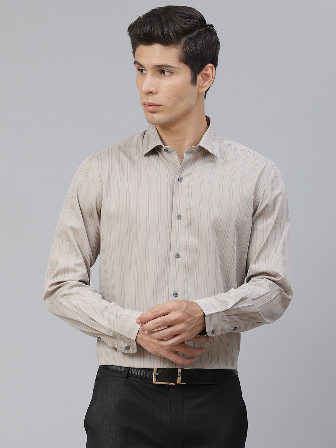 

Arrow New York Men Taupe & Black Pure Cotton Slim Fit Striped Formal Shirt