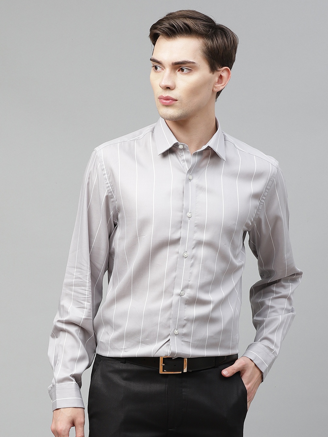 

Arrow New York Men Grey & White Slim Fit Striped Formal Shirt