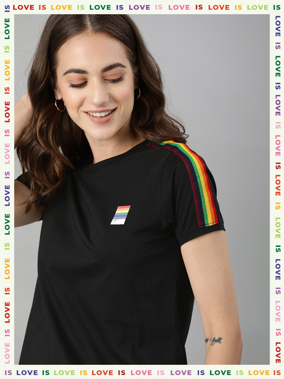 

Mast Harbour Pride Women Black Typography Printed Pure Cotton T-shirt