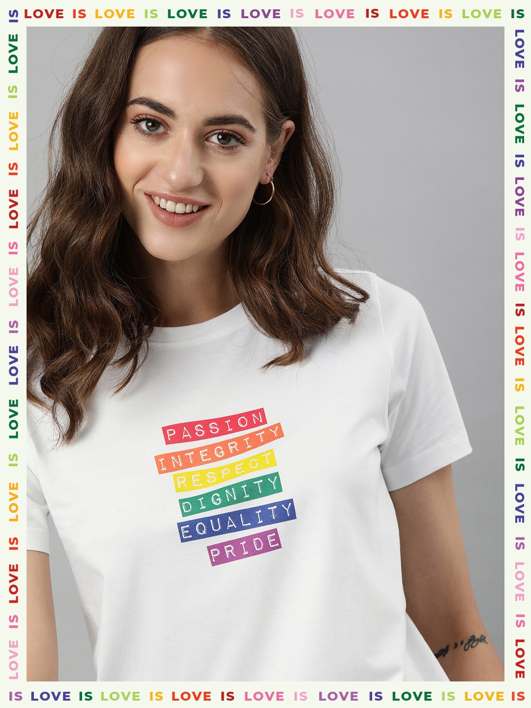 

Mast Harbour Pride Women White Typography Striped Pure Cotton T-shirt