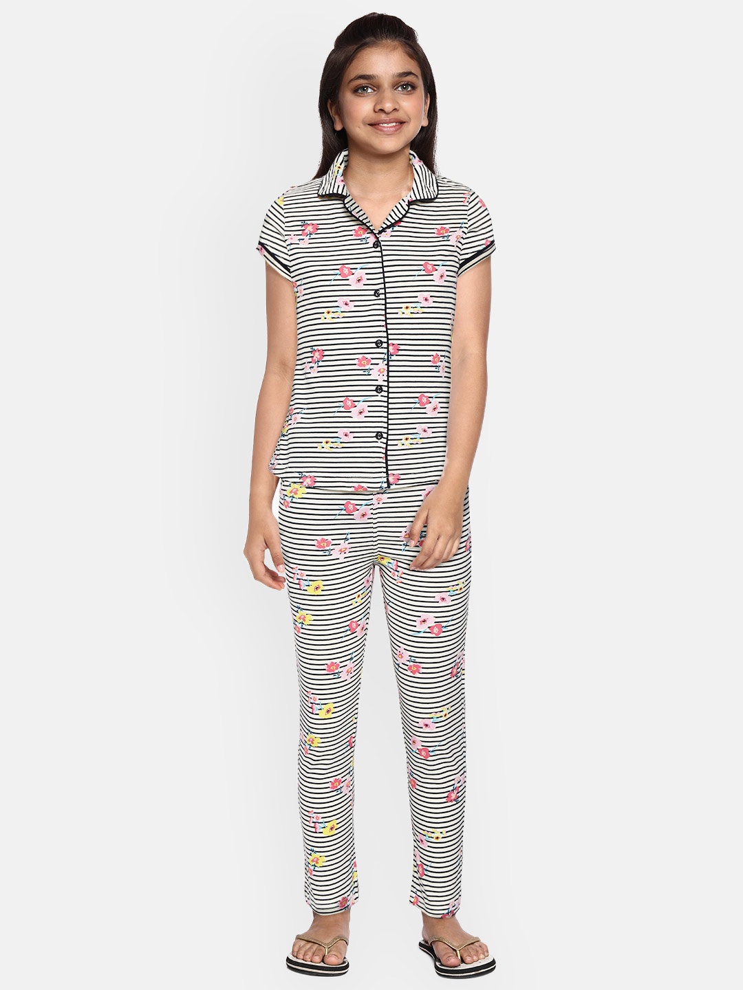 

Sweet Dreams Girls Black & White Striped Night Suit