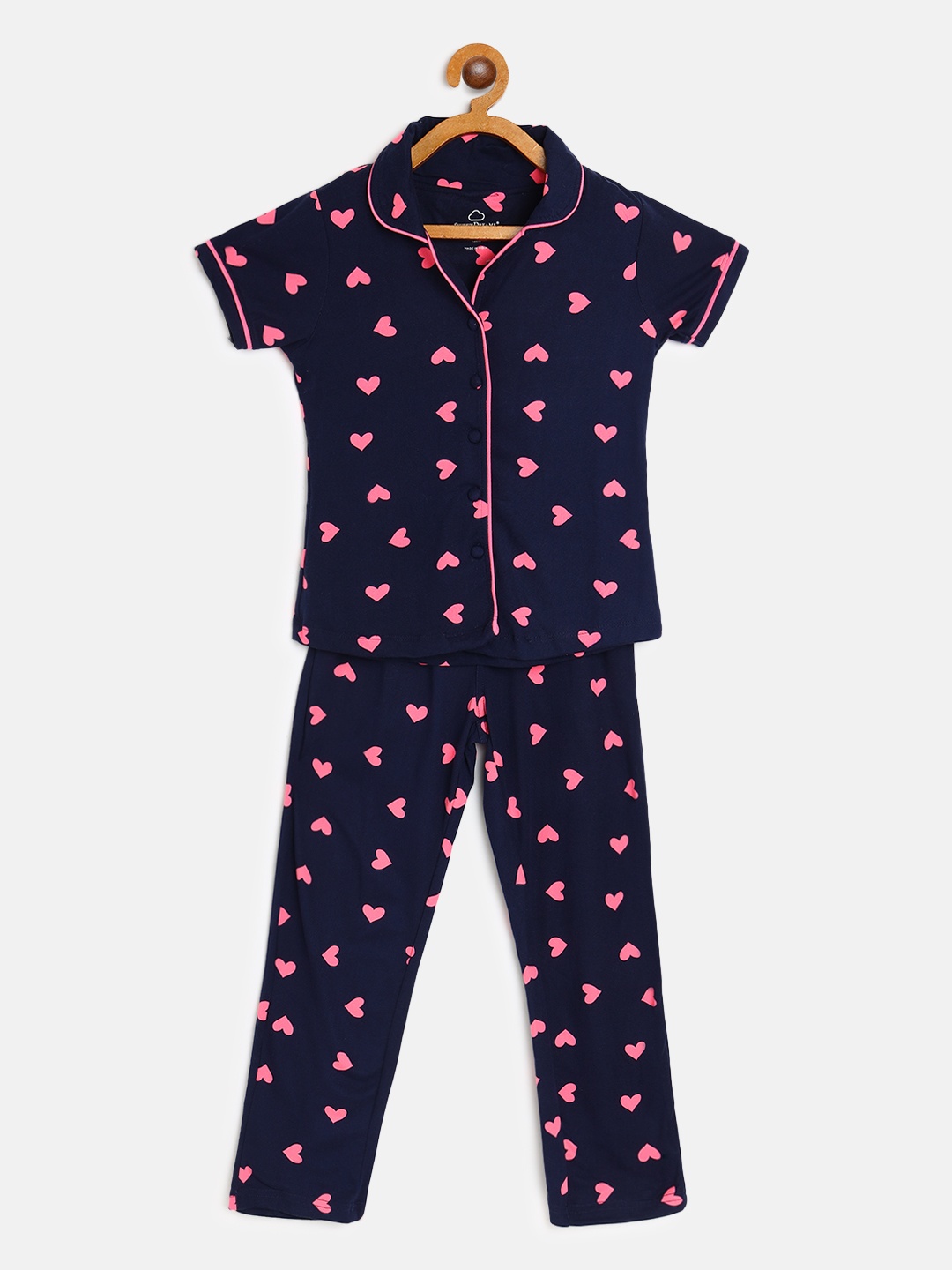 

Sweet Dreams Girls Navy Blue & Pink Heart Print Night Suit