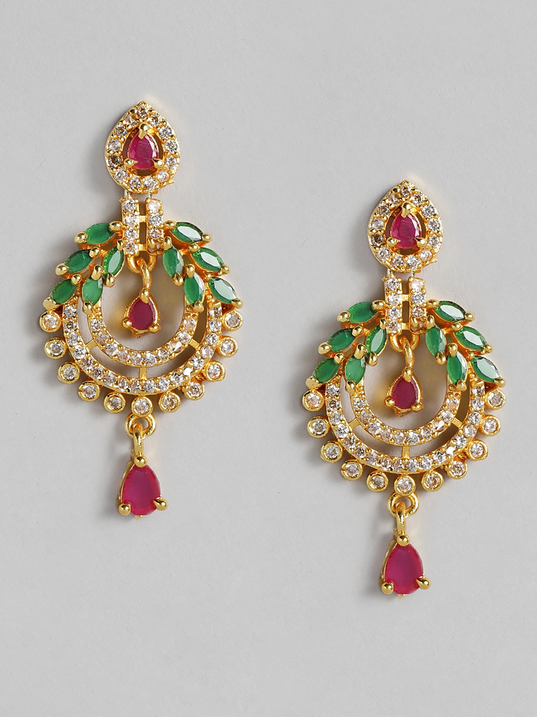 

justpeachy Gold-Plated & Green Classic Studded Drop Earrings