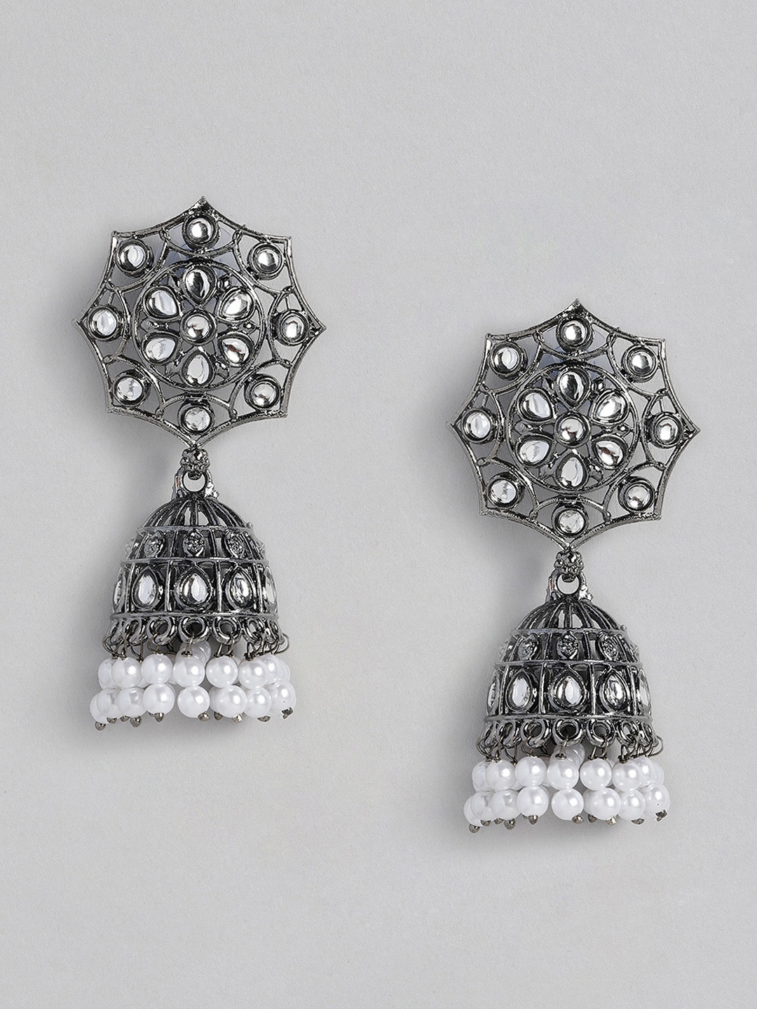 

justpeachy Black & White Jadau Dome Shaped Jhumkas Earrings