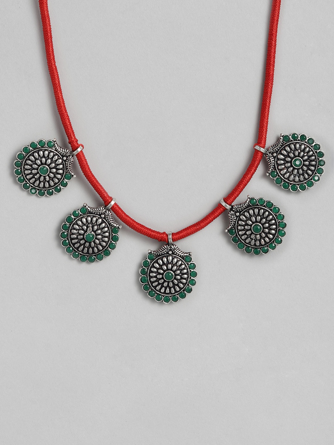 

justpeachy Green Oxidized Silver-Plated Stone Studded Necklace