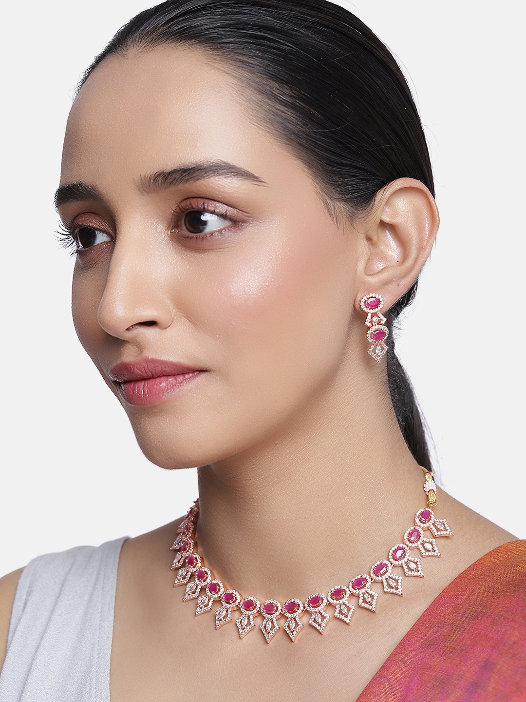 

justpeachy Pink & Rose Gold-Plated AD Studded Jewellery Set