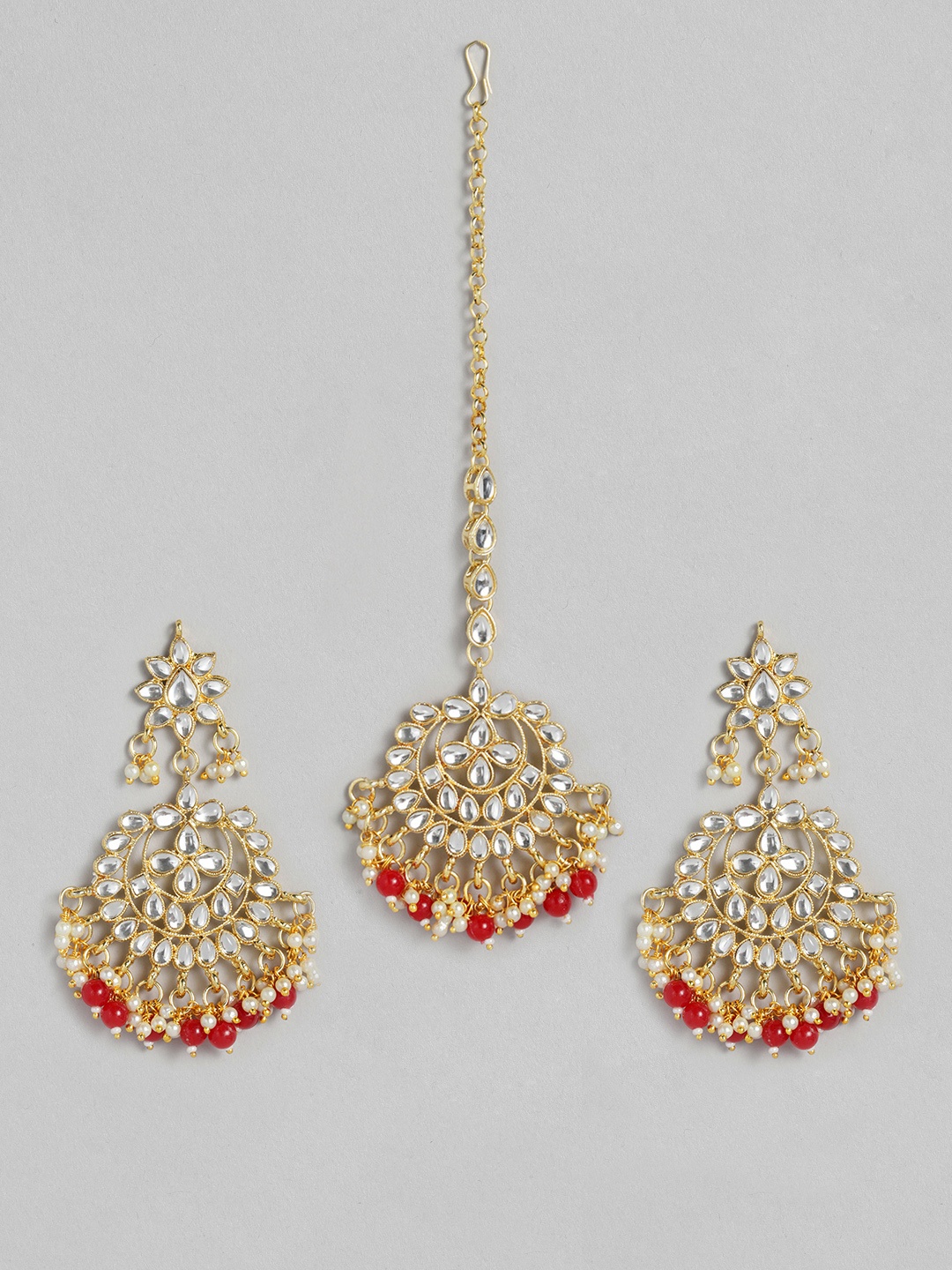 

justpeachy Gold-Plated & Red Classic Maang Tikka with Earring Set