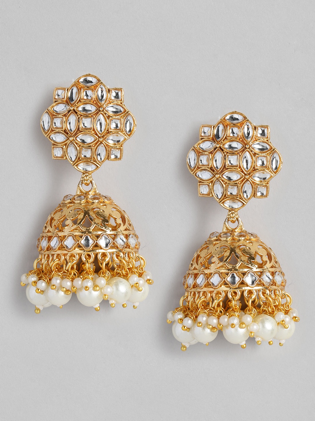 

justpeachy White Gold-Plated Stone Studded Dome Shaped Jhumkas