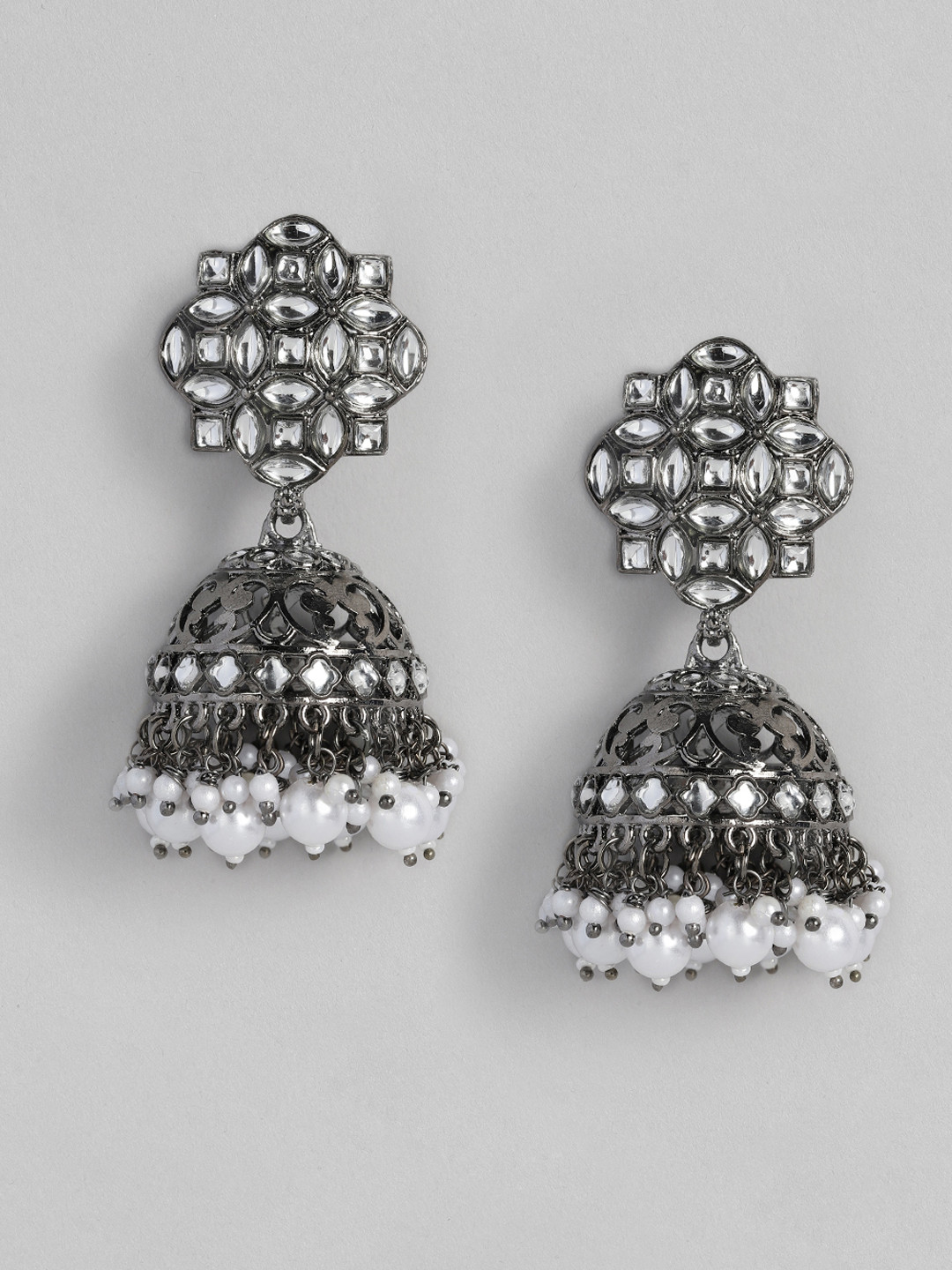 

justpeachy Black & White Jadau Dome Shaped Jhumkas Earrings