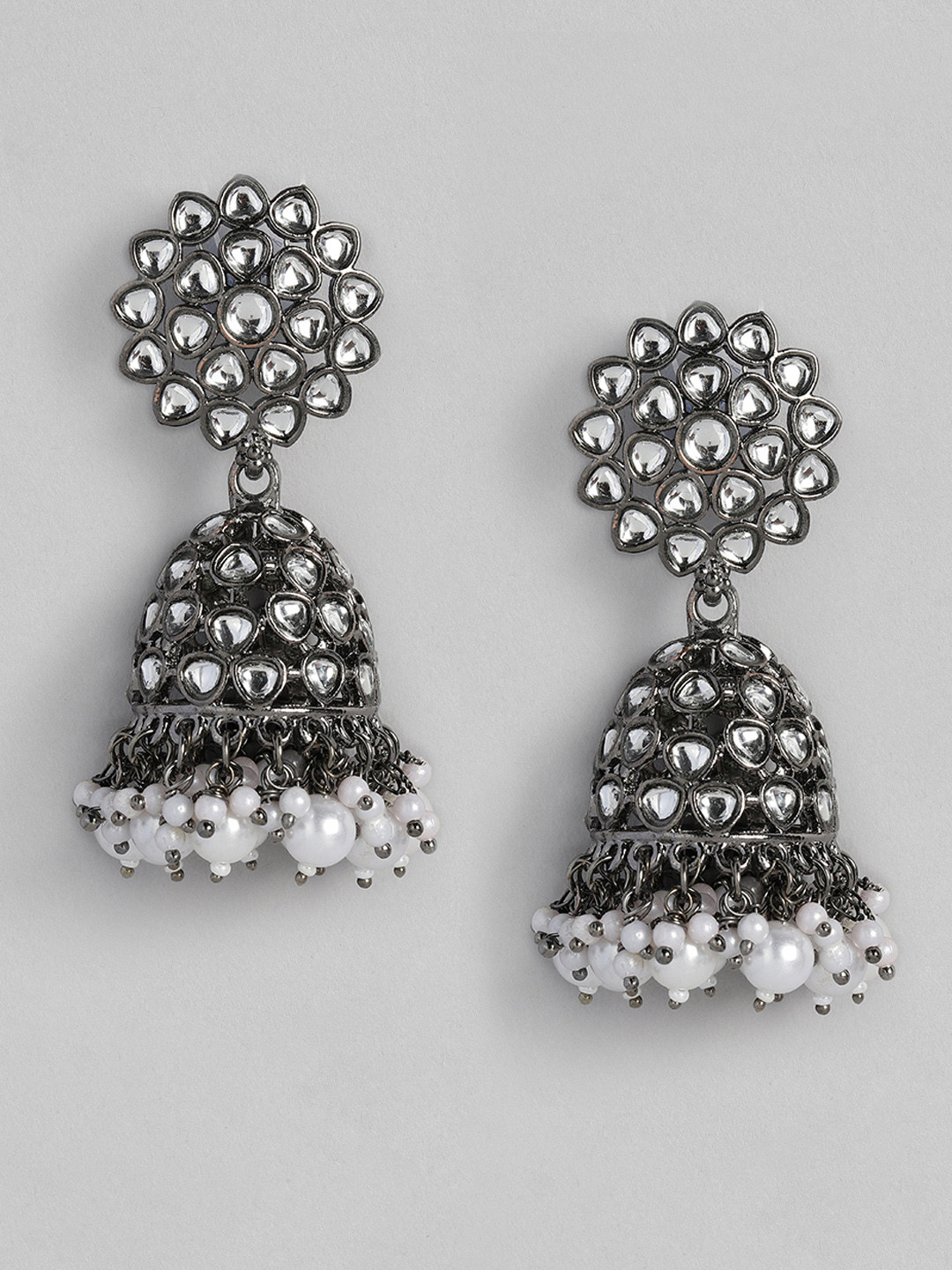 

justpeachy Black & White Jadau Dome Shaped Jhumkas Earrings
