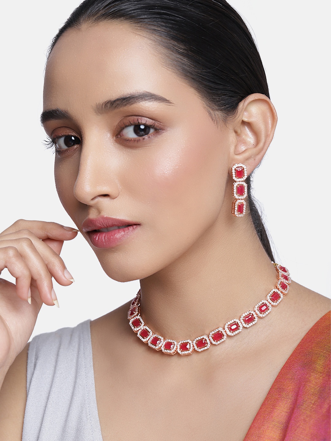

justpeachy Red & Rose Gold-Plated AD Studded Jewellery Set