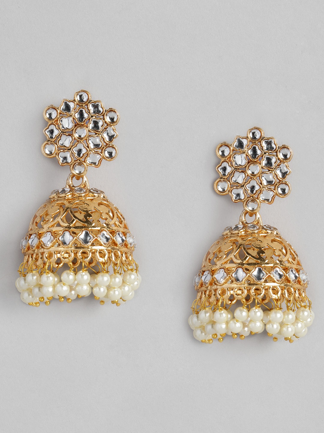 

justpeachy White Gold-Plated Stone Studded Dome Shaped Jhumkas