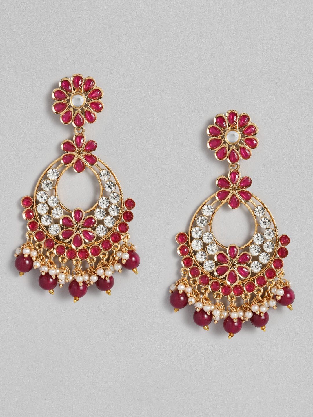 

justpeachy Maroon & Gold-Plated Stone Studded Crescent Shaped Chandbalis