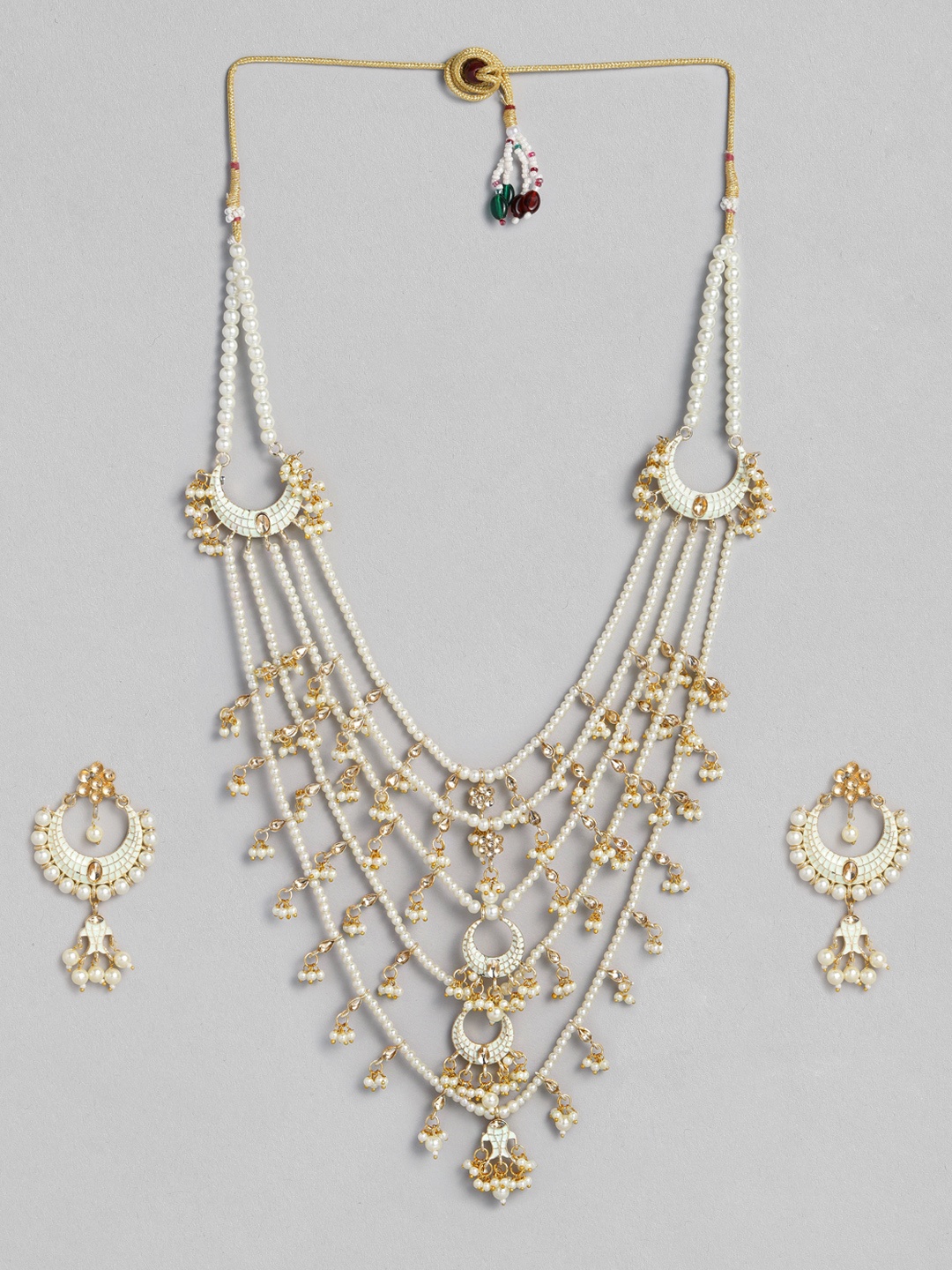 

justpeachy White Gold Plated Pearls Meenakari Satlada Jewellery Set