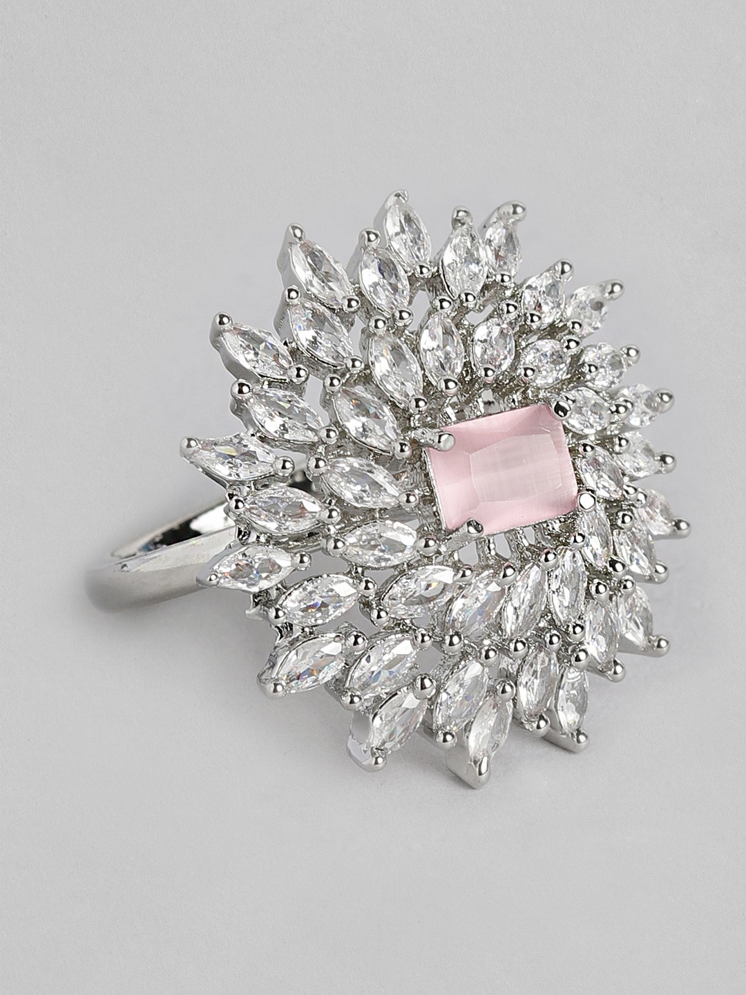 

justpeachy Pink Rhodium-Plated American Diamond Studded Adjustable Finger Ring