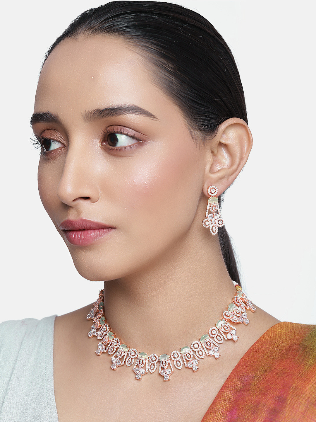 

justpeachy Rose Gold-Plated & Green AD Studded Jewellery Set