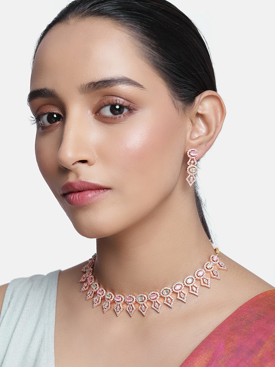 

justpeachy Green & Rose Gold-Plated AD Studded Jewellery Set