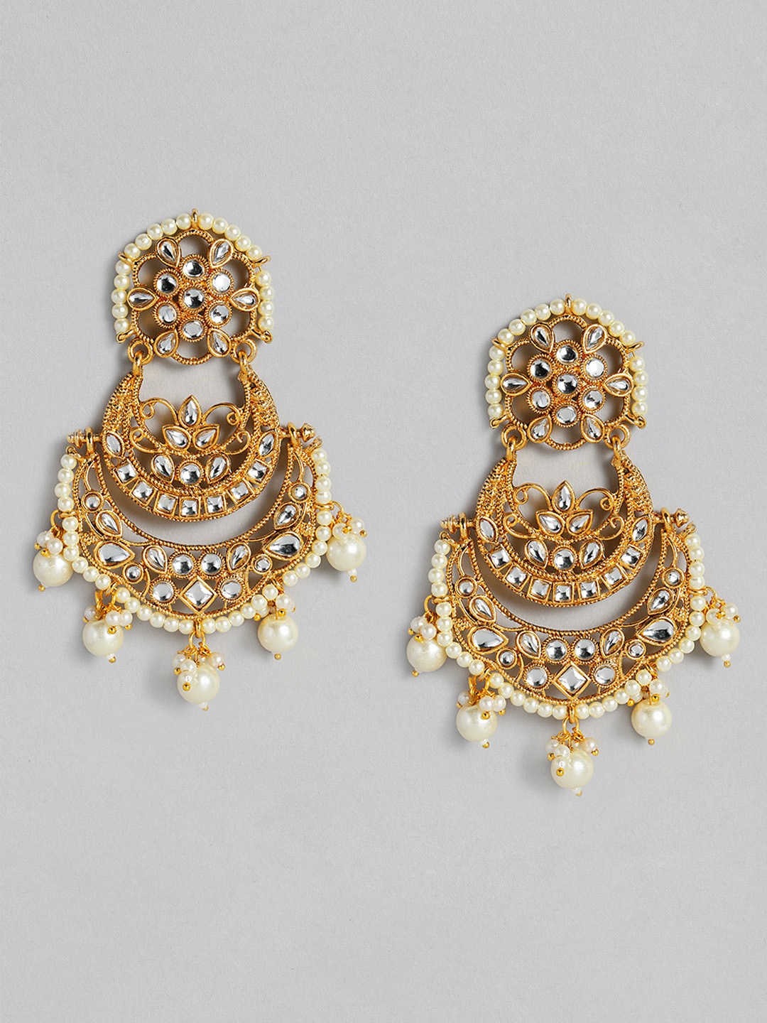 

justpeachy White Gold-Plated Stone Studded & Beaded Crescent Shaped Chandbalis