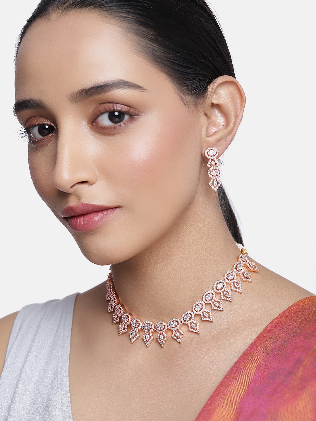 

justpeachy White & Rose Gold-Plated AD Studded Jewellery Set