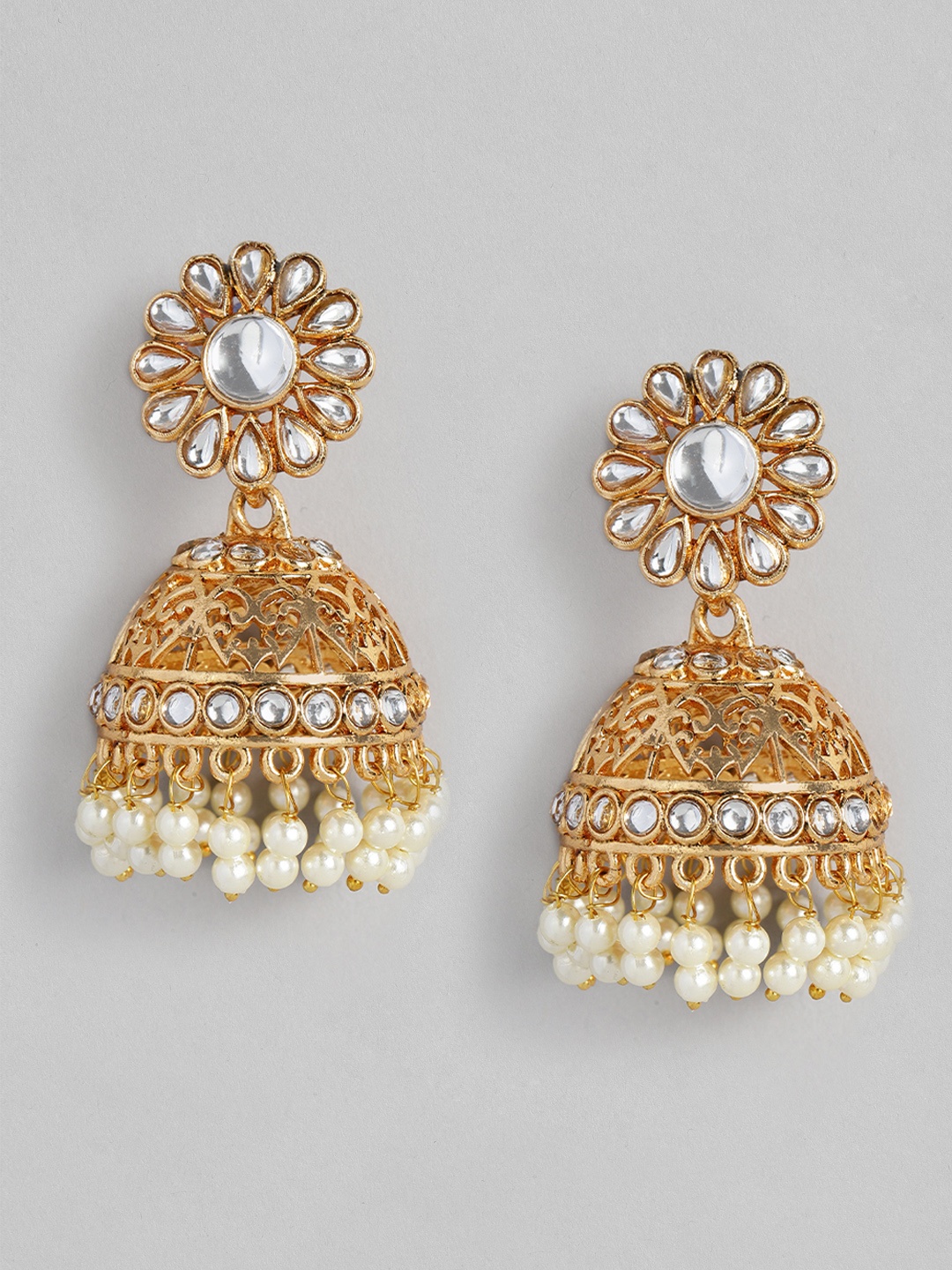 

justpeachy White Gold-Plated Stone Studded Dome Shaped Jhumkas