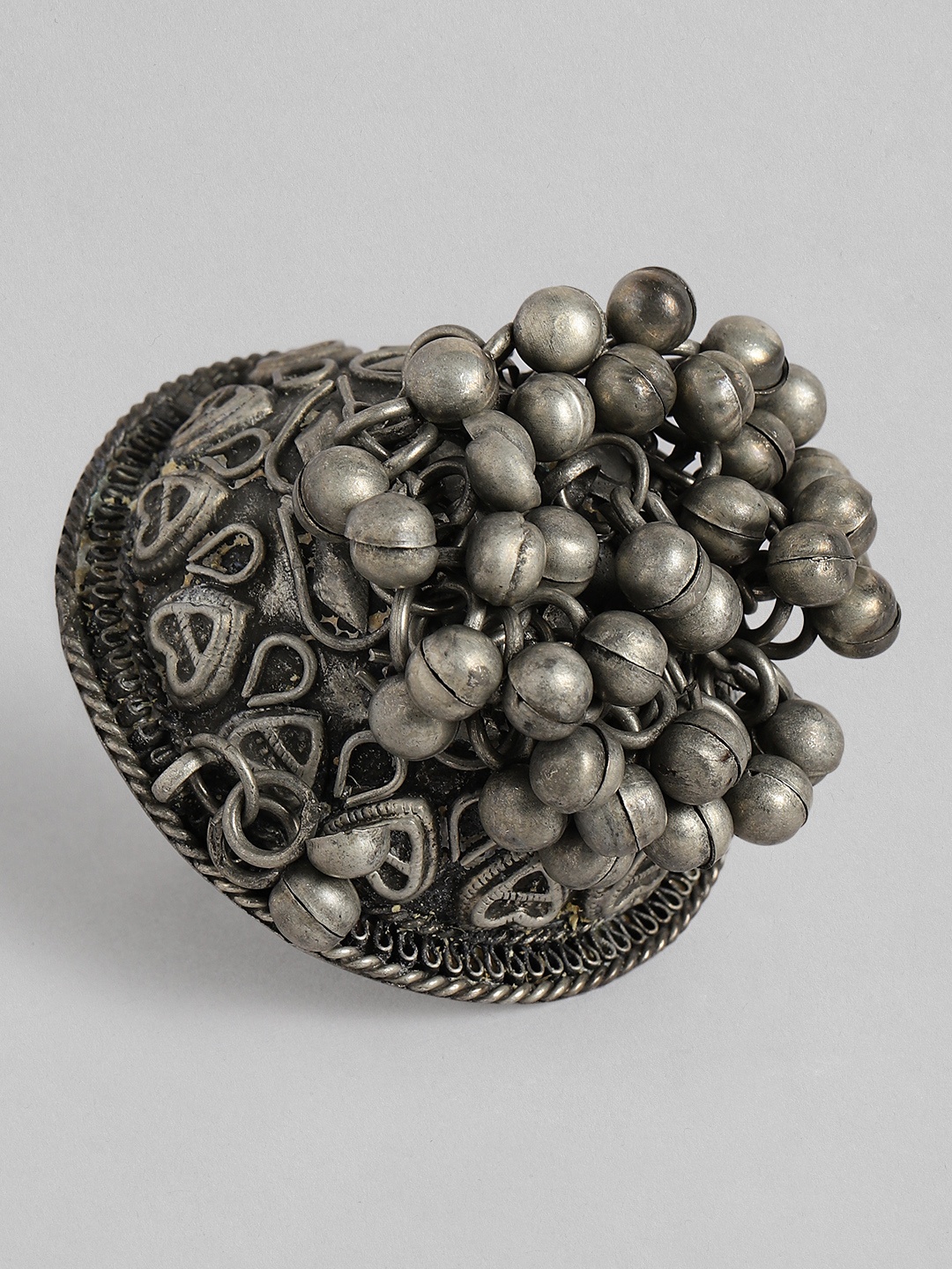 

justpeachy Oxidized Silver-Plated Embellished Adjustable Ghungroo Finger Ring