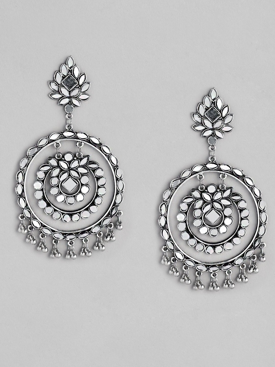 

justpeachy Silver-Plated Mirror Studded Circular Chandbalis Earrings