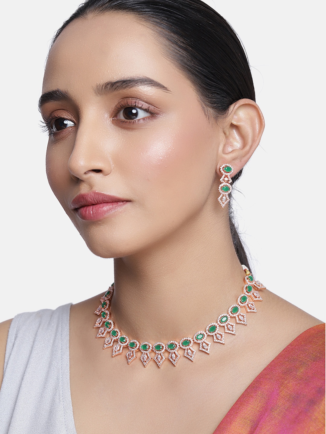 

justpeachy Green & Rose Gold-Plated AD Studded Jewellery Set