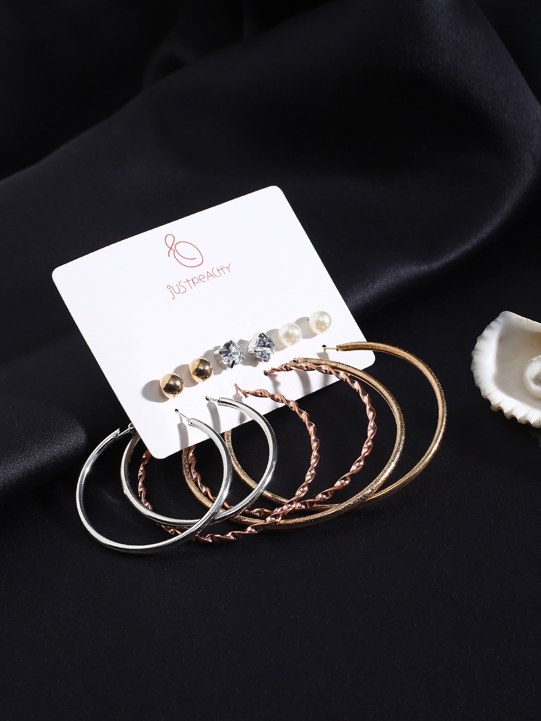 

justpeachy Set of 3 Studs & 3 Hoop Earrings, Gold