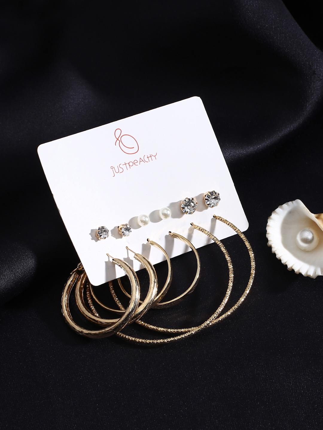 

justpeachy Set of 3 Studs & 3 Hoop Earrings, Gold